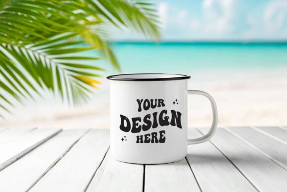 Beach Enamel Camping Mug Mockup: Graphics & Product Mockups